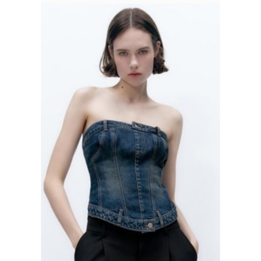 NEW Zara Denim Back Zip Corset Top Size XS